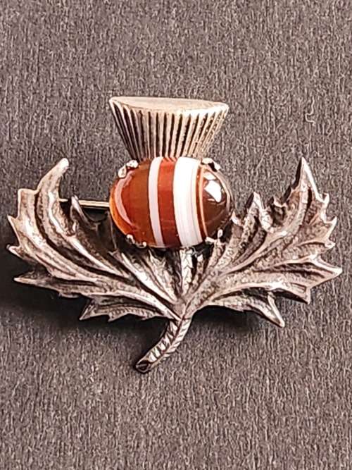 Vintage Robert Allison Scottish Hallmark Silver Tistle Brooch with Citrine Celtic 11.2g