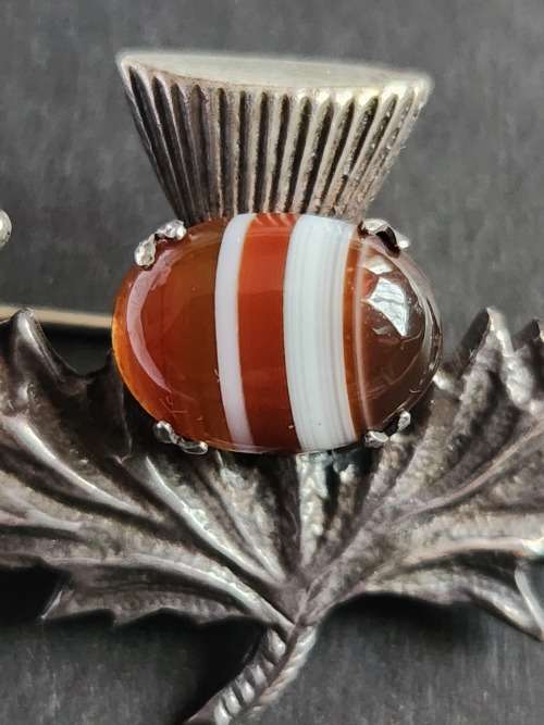 Vintage Robert Allison Scottish Hallmark Silver Tistle Brooch with Citrine Celtic 11.2g