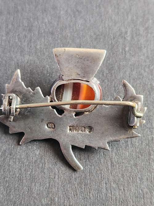 Vintage Robert Allison Scottish Hallmark Silver Tistle Brooch with Citrine Celtic 11.2g