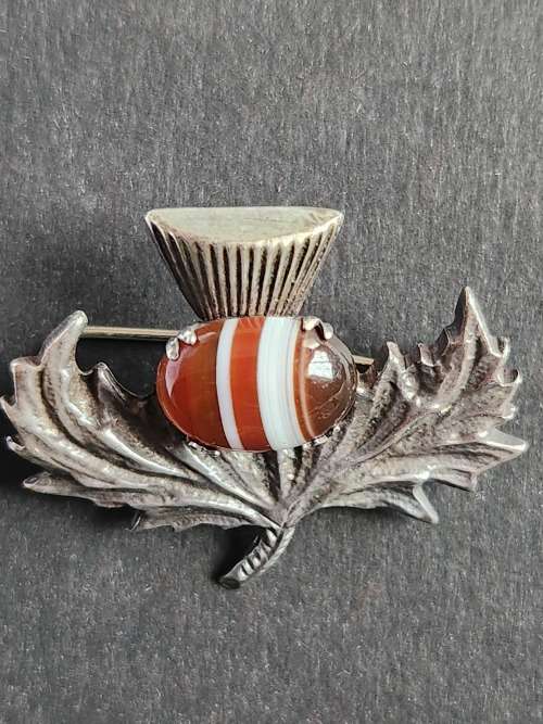 Vintage Robert Allison Scottish Hallmark Silver Tistle Brooch with Citrine Celtic 11.2g