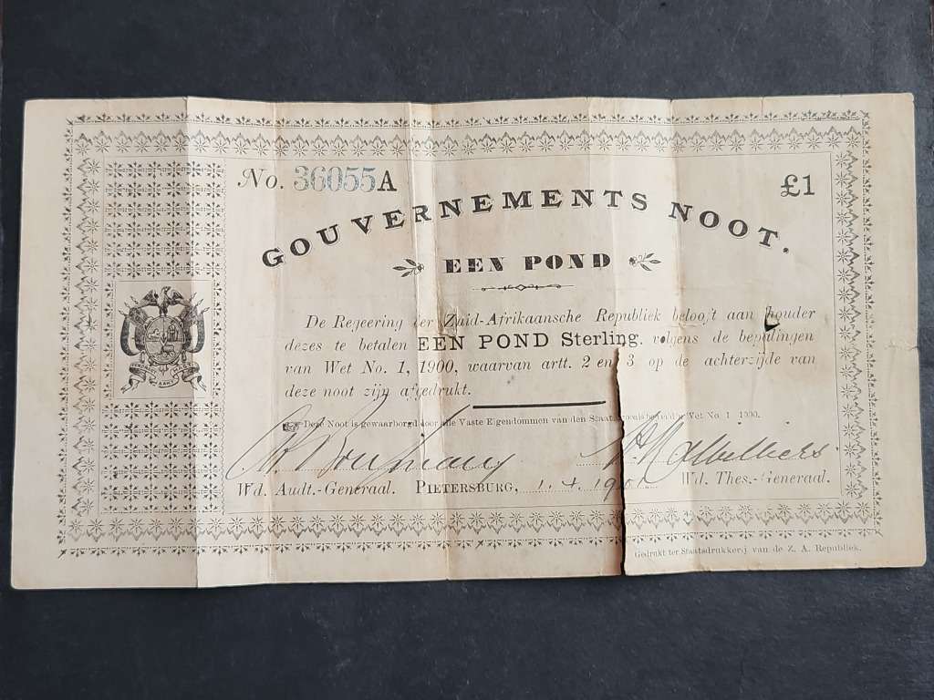 ZAR Governments Noot Een Pond Pietersburg signed 1/4/1901 (204mm x 115mm) tears/folds - as per photo