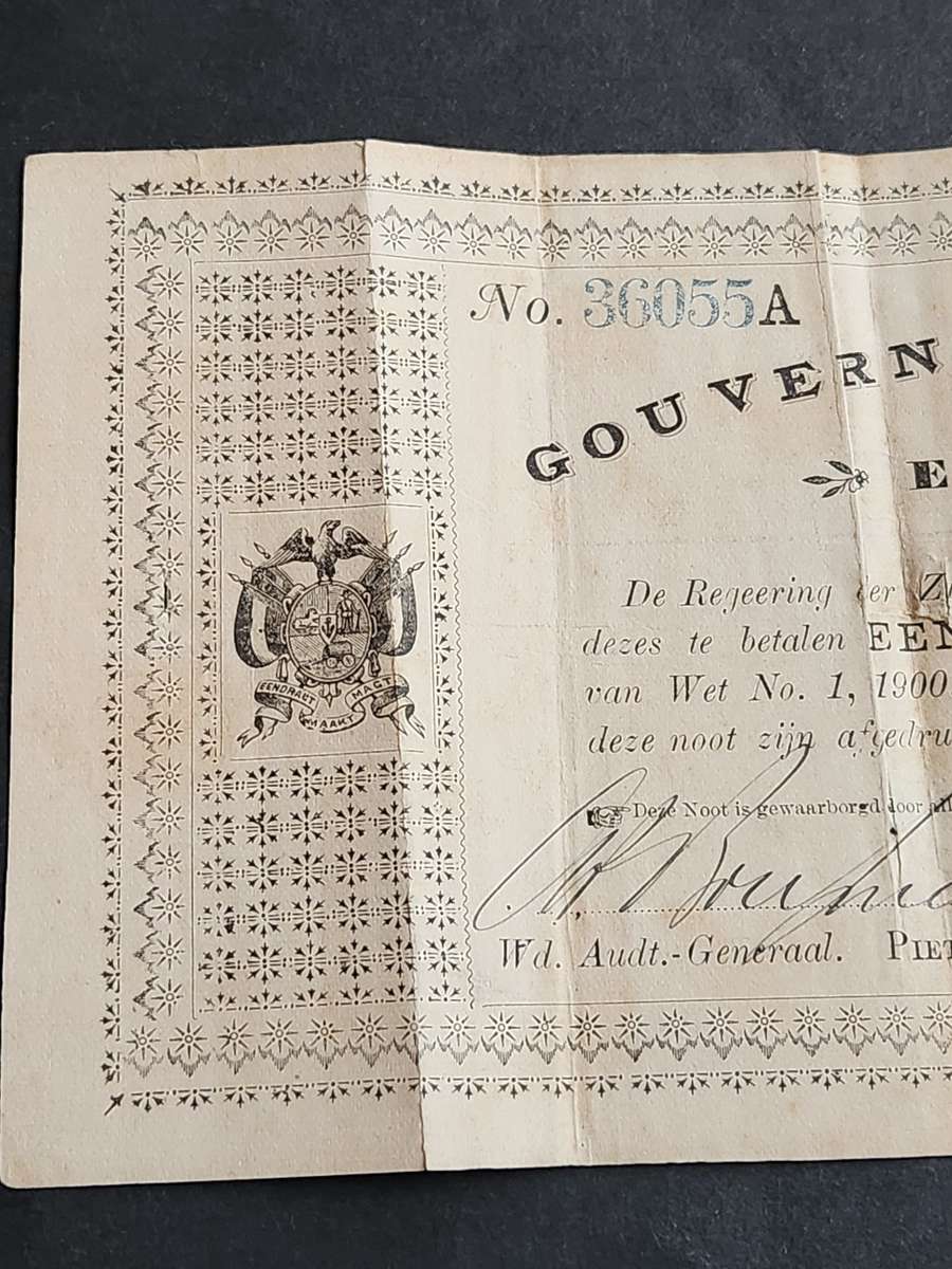 ZAR Governments Noot Een Pond Pietersburg signed 1/4/1901 (204mm x 115mm) tears/folds - as per photo