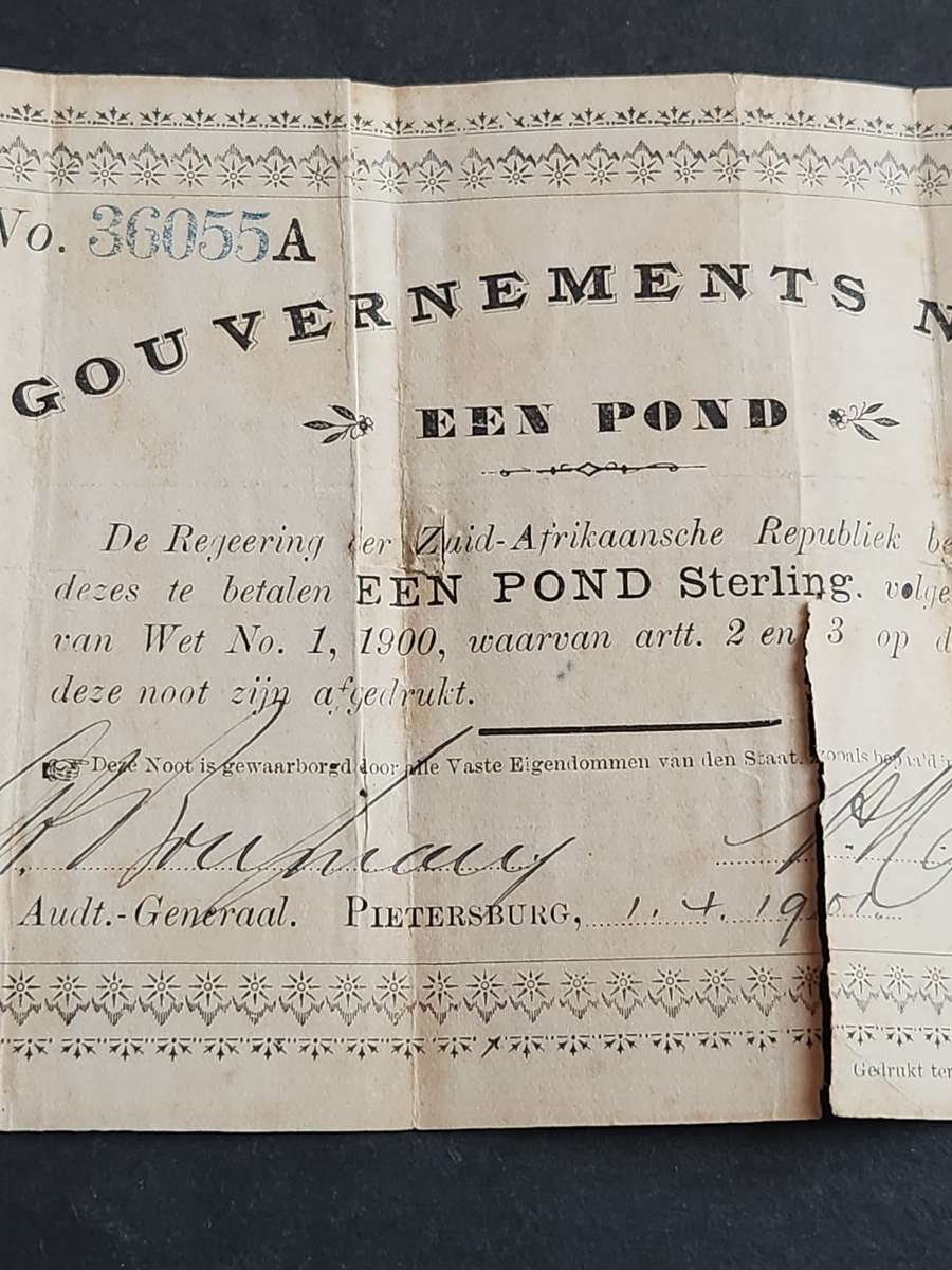 ZAR Governments Noot Een Pond Pietersburg signed 1/4/1901 (204mm x 115mm) tears/folds - as per photo