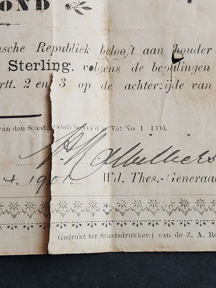 ZAR Governments Noot Een Pond Pietersburg signed 1/4/1901 (204mm x 115mm) tears/folds - as per photo
