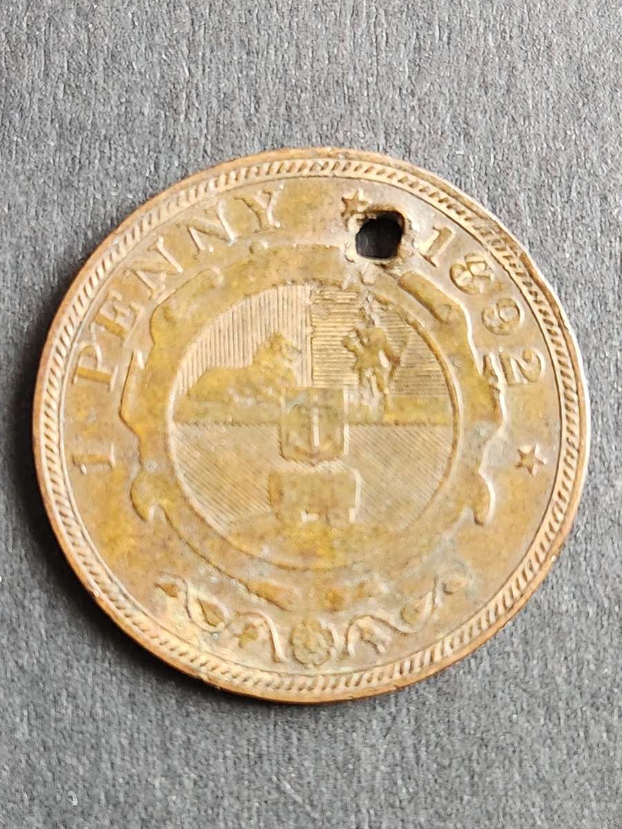ZAR One Penny 1892 Filler Coin (hole on coin) - as per photograph