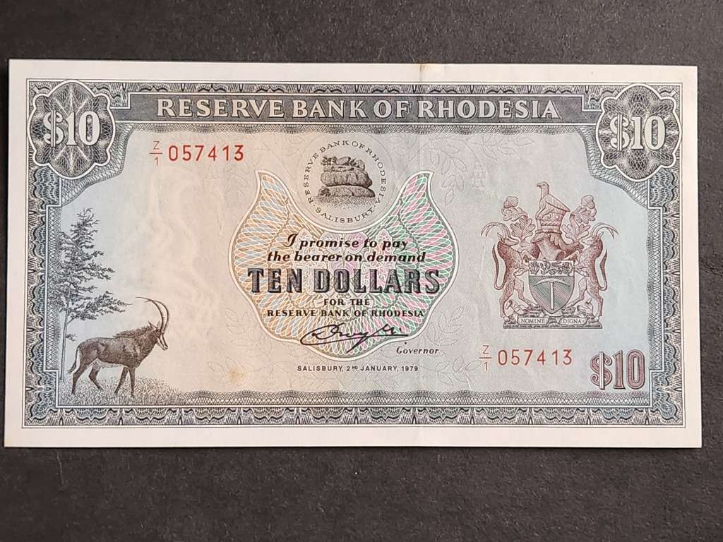 Reserve Bank of Rhodesia 10 Dollars Salisbury 2 January 1979 (Bird Watermark) - nice condition