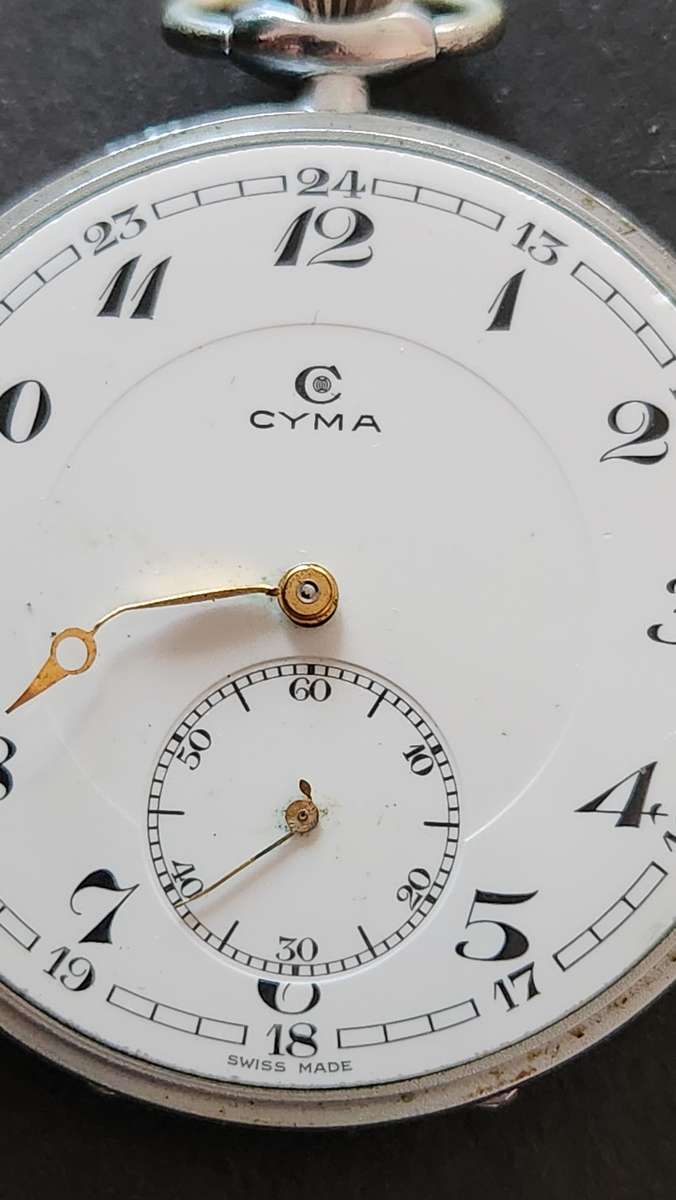 Vintage Cyma Pocket Watch not working (missing bezel/glass/hand) - as per photograph
