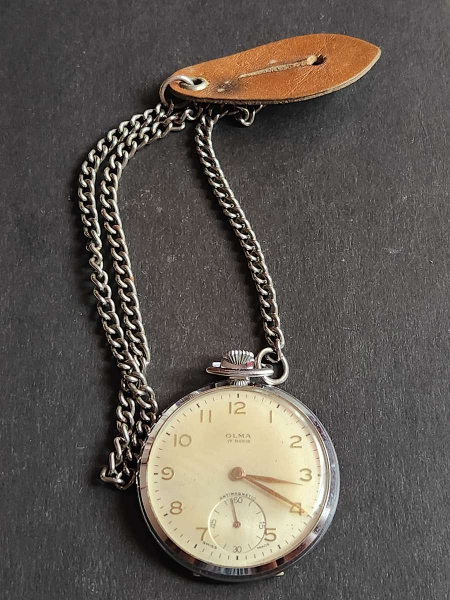 Vintage Olma 17 Rubies Swiss made Antimagnetic Pocket Watch with Chain -nice condition (not working)