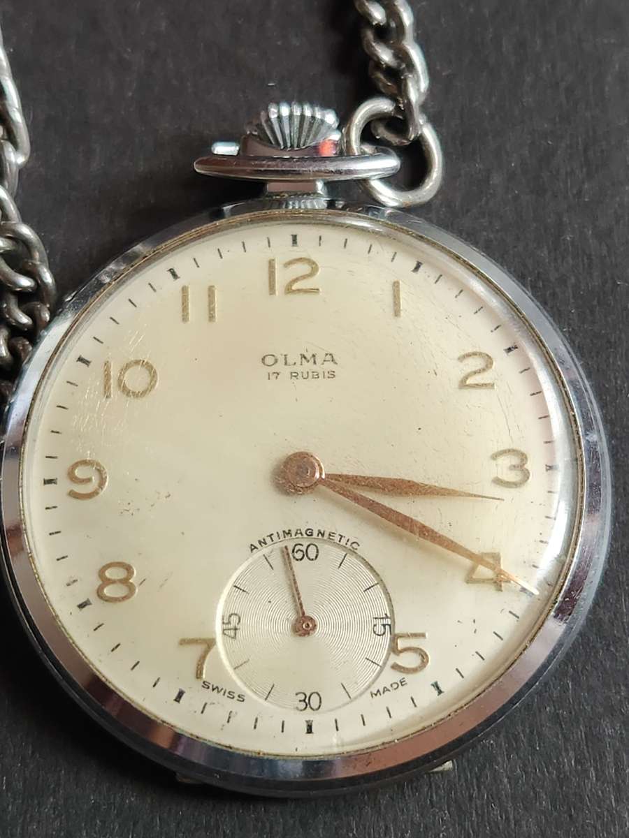 Vintage Olma 17 Rubies Swiss made Antimagnetic Pocket Watch with Chain -nice condition (not working)