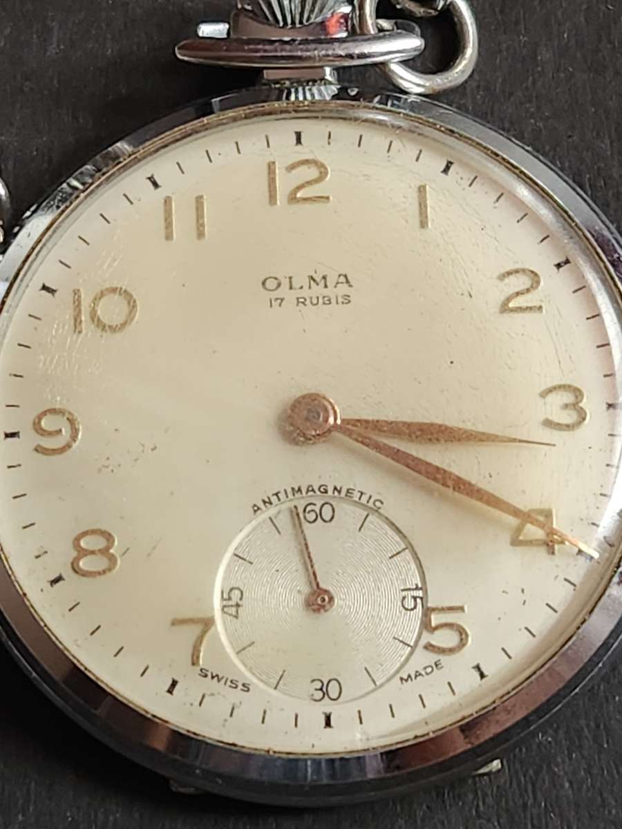 Vintage Olma 17 Rubies Swiss made Antimagnetic Pocket Watch with Chain -nice condition (not working)
