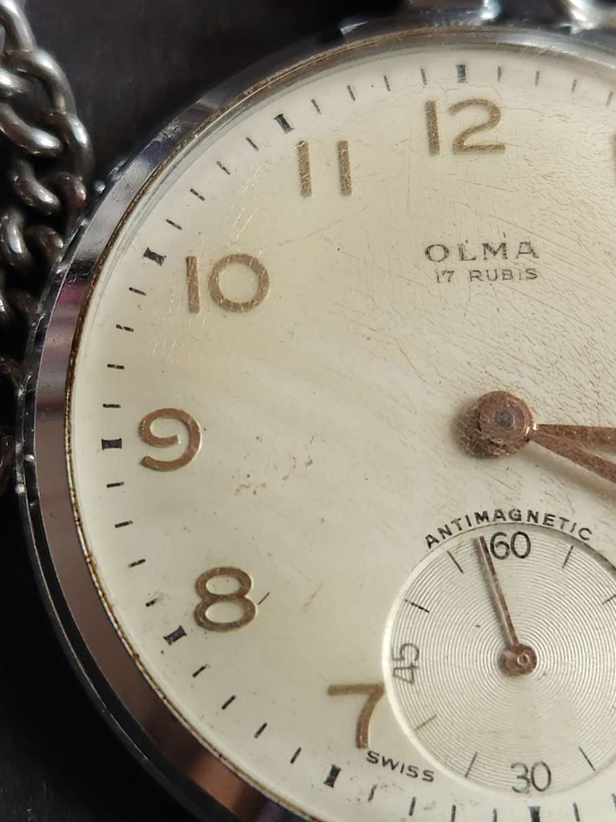 Vintage Olma 17 Rubies Swiss made Antimagnetic Pocket Watch with Chain -nice condition (not working)