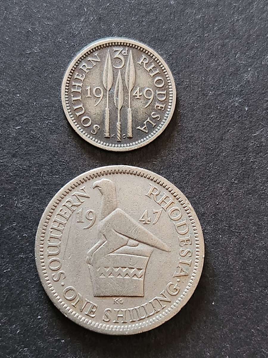 Southern Rhodesia Threepence 1949 and One Shilling 1947- as per photograph