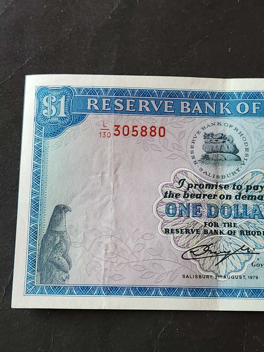 Reserve Bank of Rhodesia 1 Dollar Salisbury 2 August 1979 (Bird Watermark) very nice condition