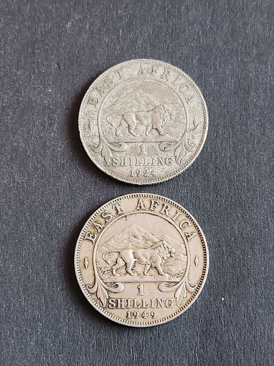 2 x East Africa 1 Shillings 1924/1949 - as per photograph