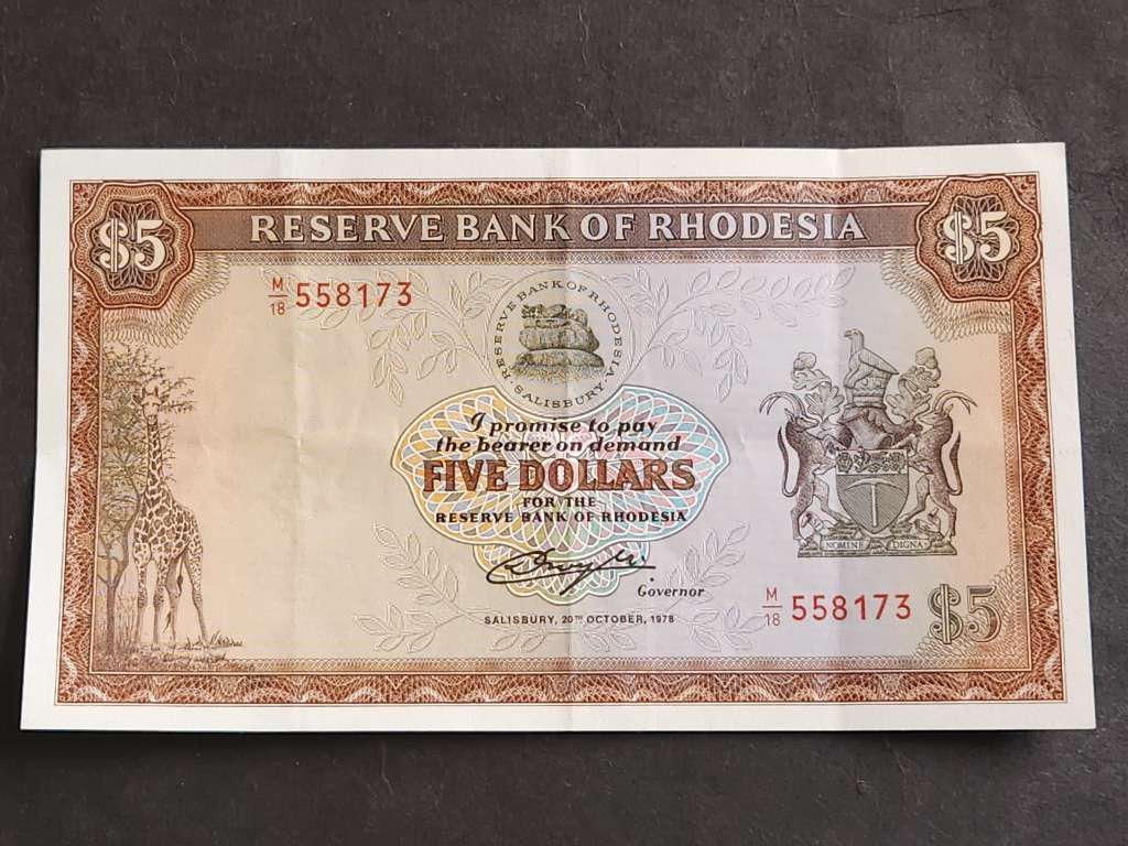 Reserve Bank of Rhodesia 5 Dollars Salisbury 20 October 1978 Rhodes Watermark (very nice condition)