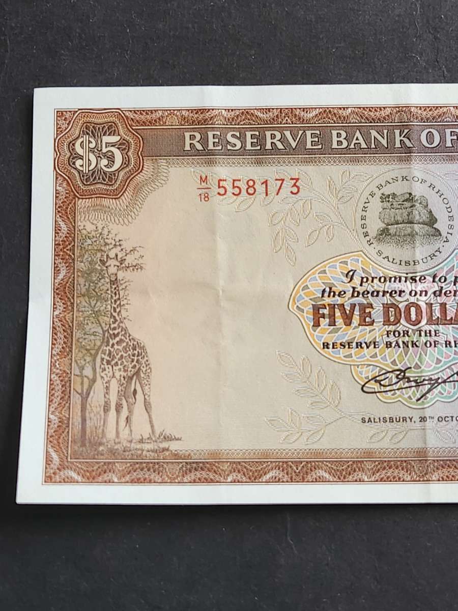 Reserve Bank of Rhodesia 5 Dollars Salisbury 20 October 1978 Rhodes Watermark (very nice condition)