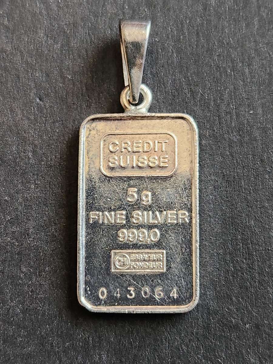 Vintage Credit Swisse 5g 999.0 Fine Silver Bar Pendant - as per photograph
