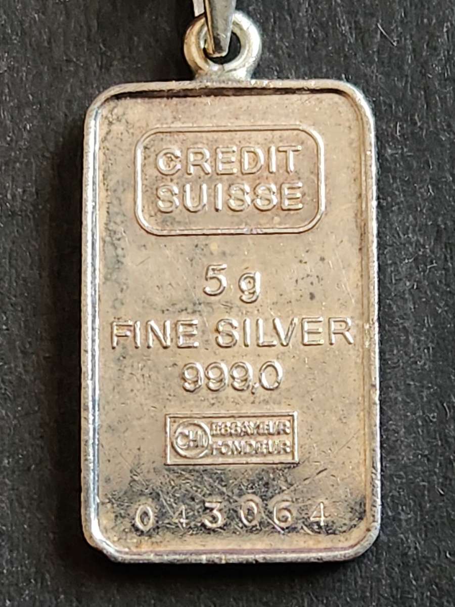 Vintage Credit Swisse 5g 999.0 Fine Silver Bar Pendant - as per photograph