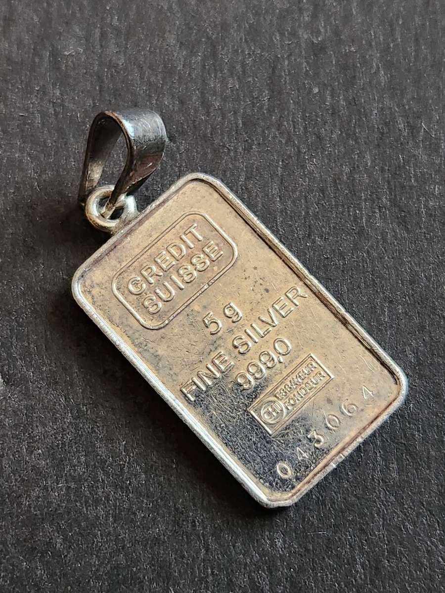 Vintage Credit Swisse 5g 999.0 Fine Silver Bar Pendant - as per photograph