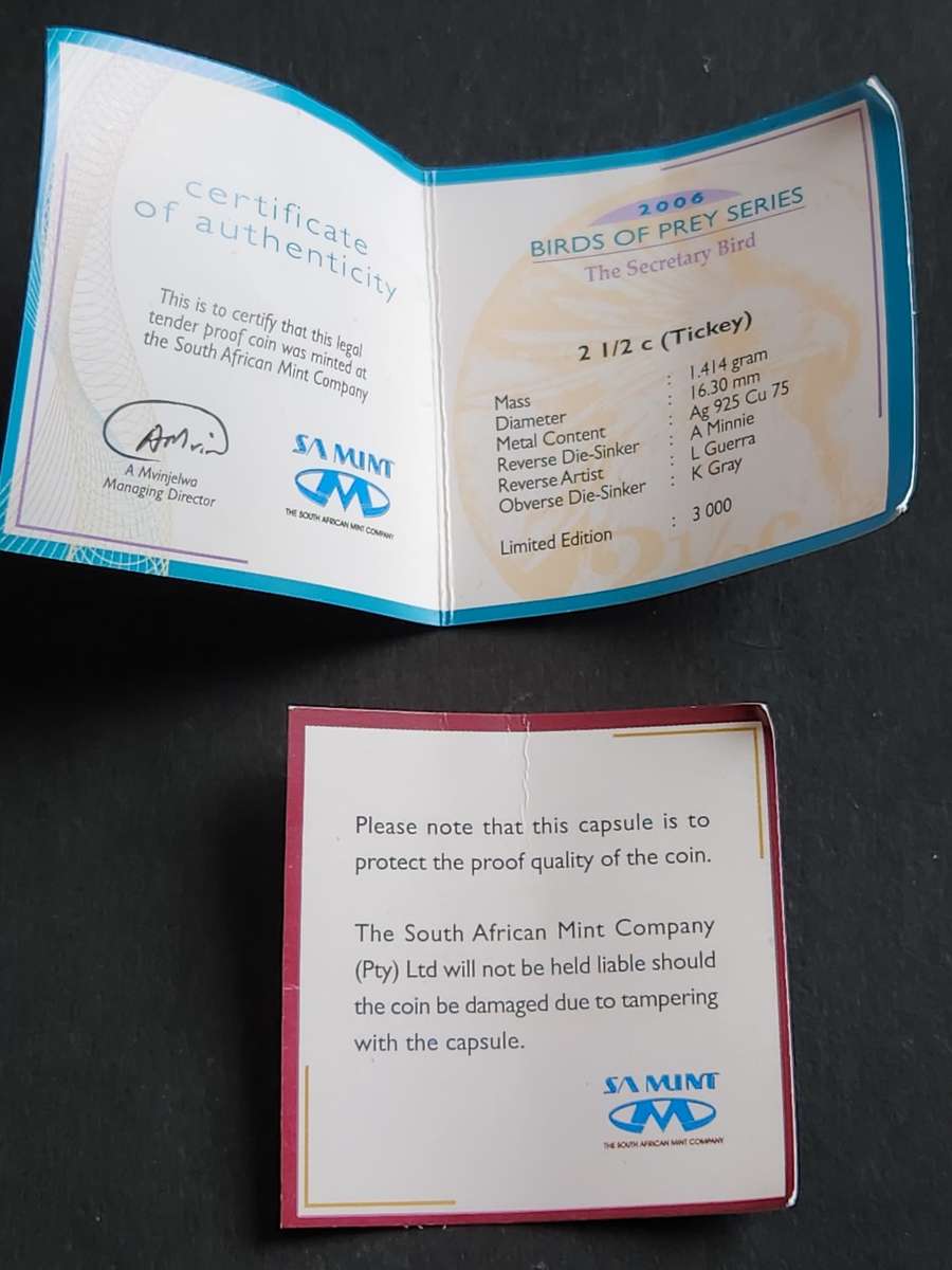 2006 Birds of Prey Series The Secretary Bird 2 1/2c Tickey Sterling Silver (1.414g) no. 0479