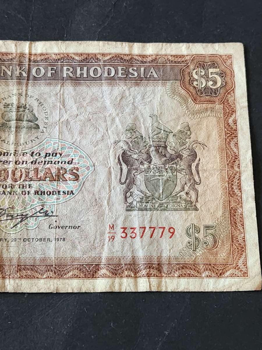 Reserve Bank of Rhodesia 5 Dollars Salisbury 20 October 1978 Rhodes Watermark - as per photograph