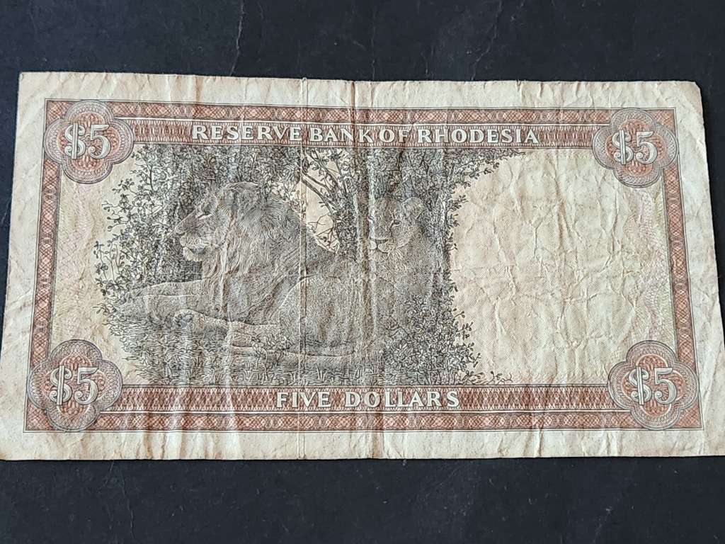 Reserve Bank of Rhodesia 5 Dollars Salisbury 20 October 1978 Rhodes Watermark - as per photograph
