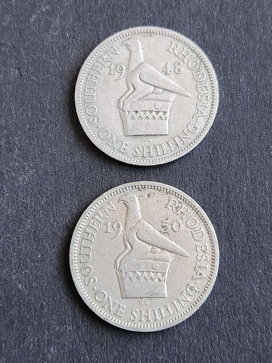 2 x Southern Rhodesia One Shilling 1948/1950 - as per photograph
