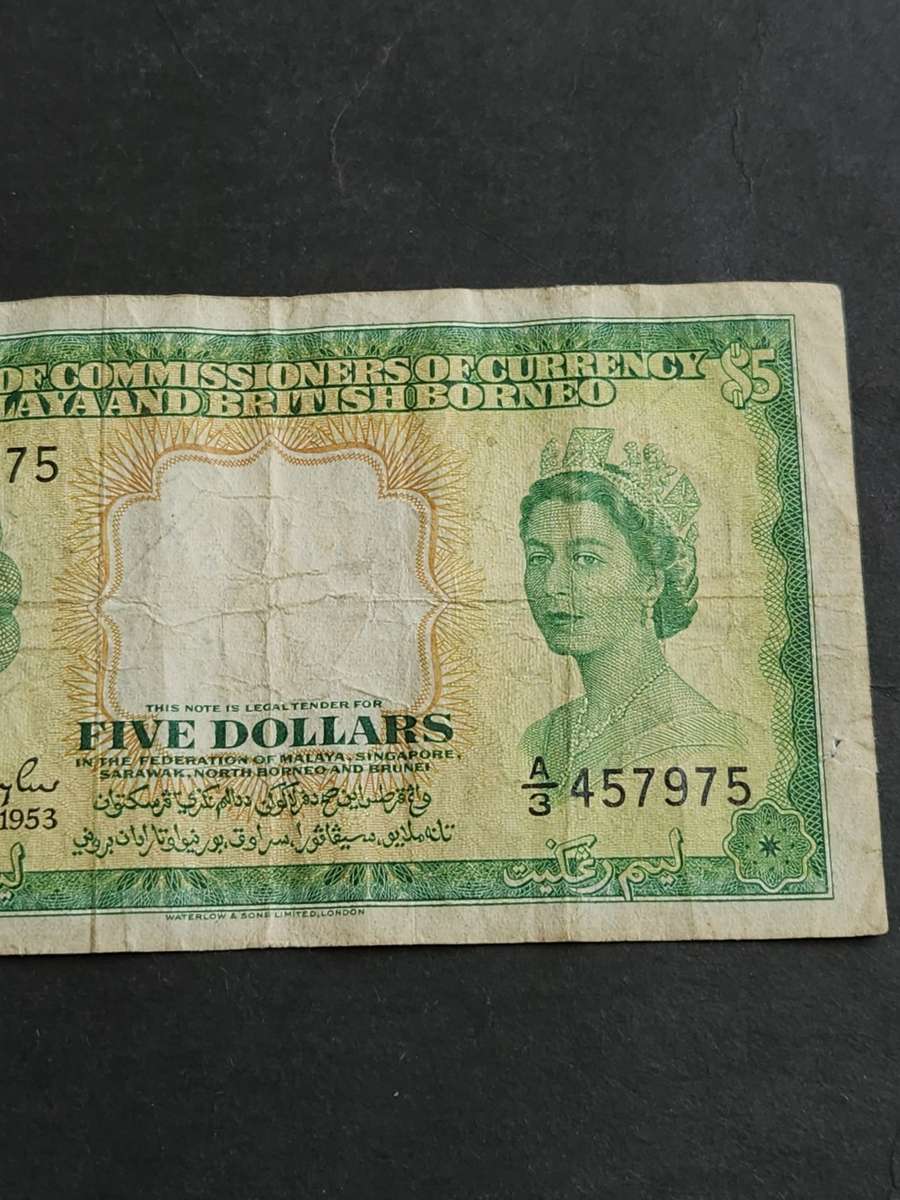 Malaya and British Borneo Five Dollars 21st March 1953 QEII (scarce note) - as per photograph