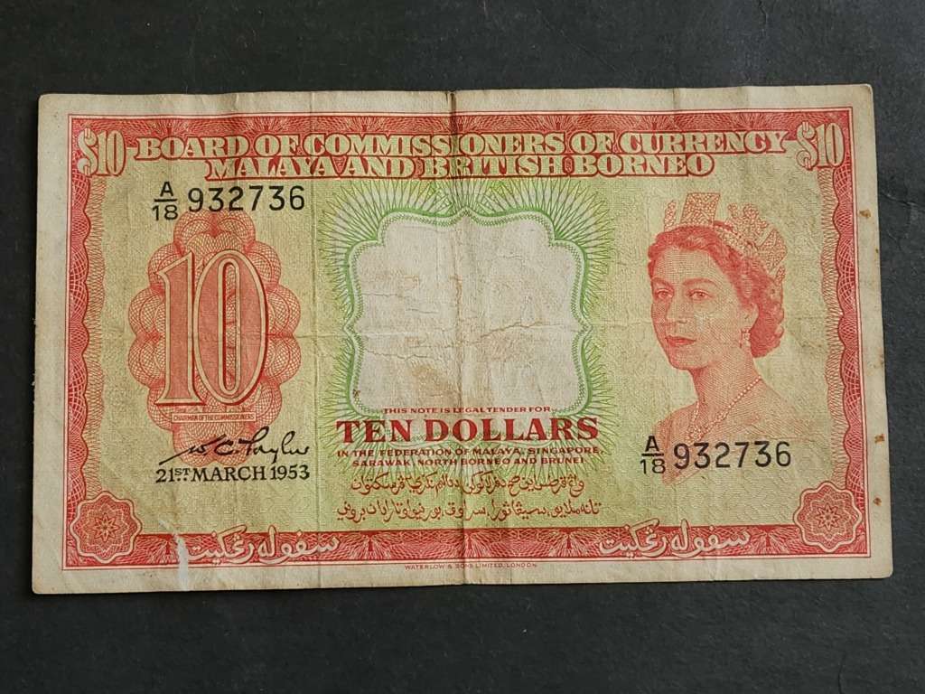Malaya and British Borneo Ten Dollars 21st March 1953 QEII (scarce note) - as per photograph