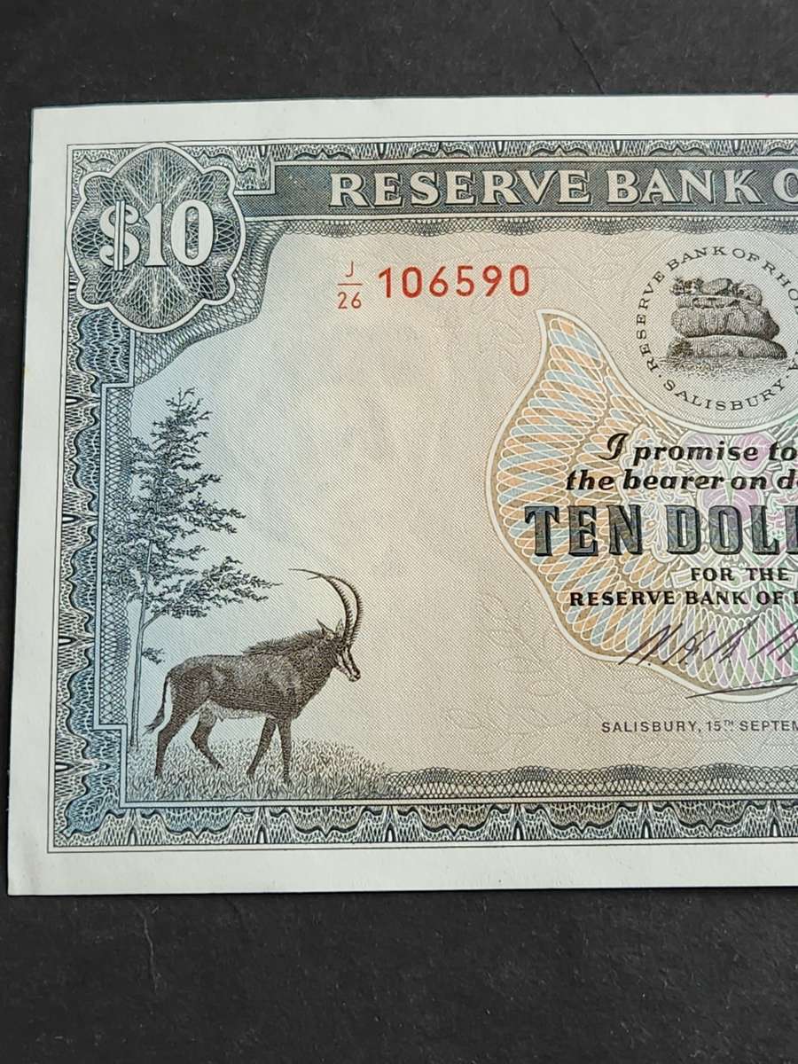 Reserve Bank of Rhodesia Ten Dollars Salisbury 15 September 1975 EF+/UNC Rhodes Watermark