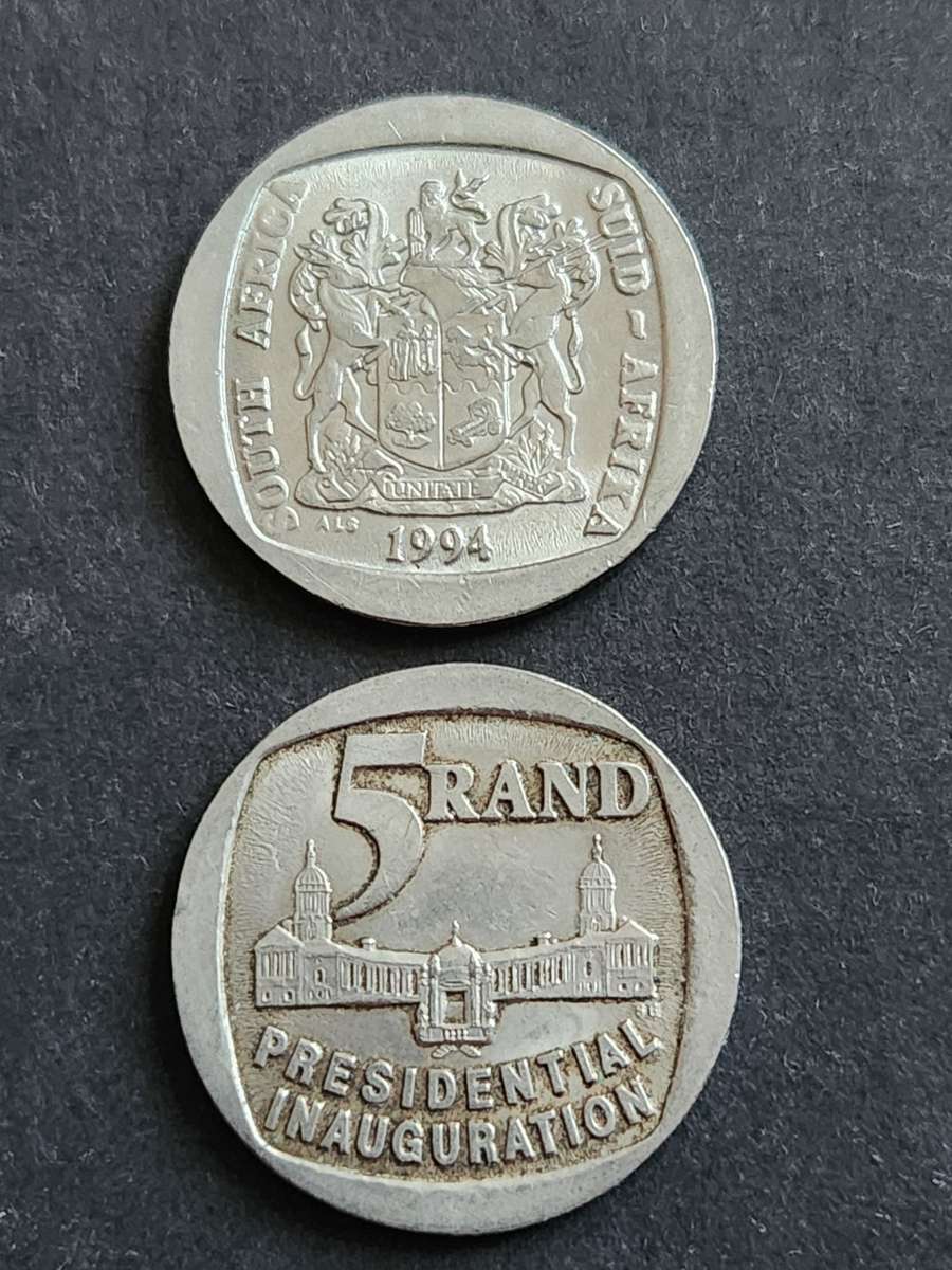 2 x Presidential Inauguration Five Rand Coins 1994 - as per photograph