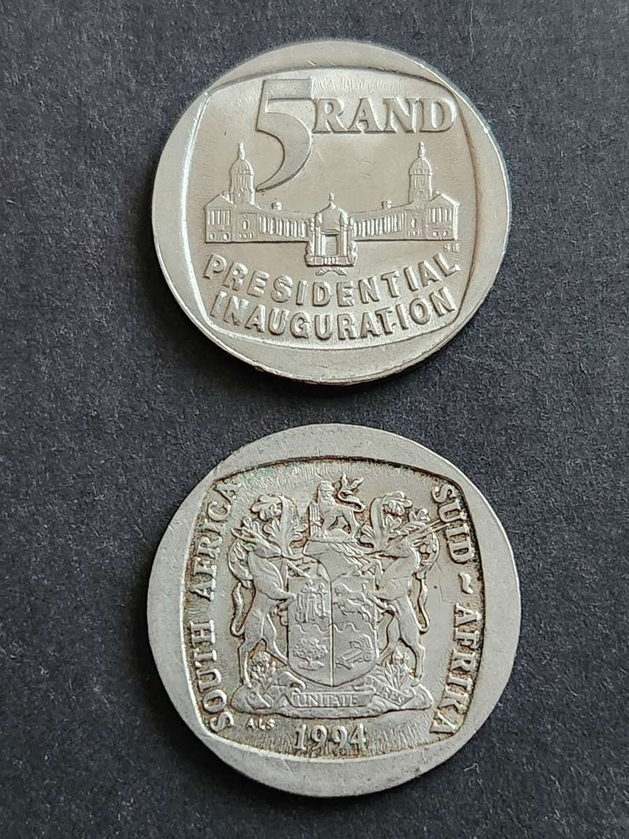 2 x Presidential Inauguration Five Rand Coins 1994 - as per photograph