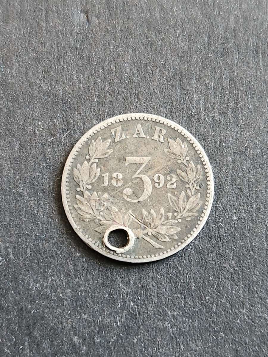 ZAR Threepence 1892 (Filler coin) hole in coin - as per photograph