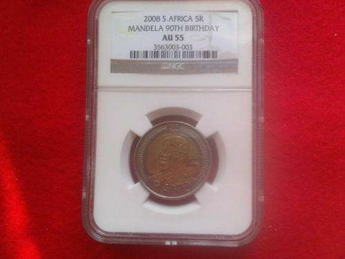 2008 MANDELA 90TH BIRTHDAY R5 COIN - NGC GRADED AU55 - SCARES
