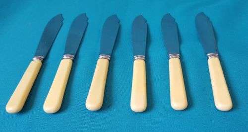 SET OF 6 OLD BONE HANDLE FISH FORKS (ENGLAND)