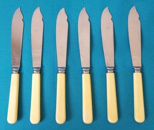 SET OF 6 OLD BONE HANDLE FISH FORKS (ENGLAND)