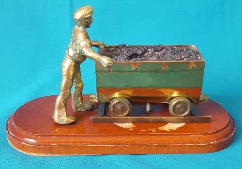 OLD BRASS & WOODEN COAL MINING FIGURINE
