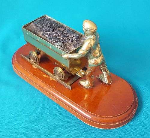 OLD BRASS & WOODEN COAL MINING FIGURINE
