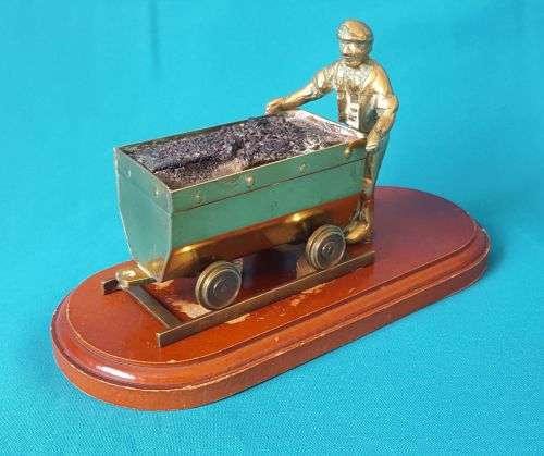 OLD BRASS & WOODEN COAL MINING FIGURINE