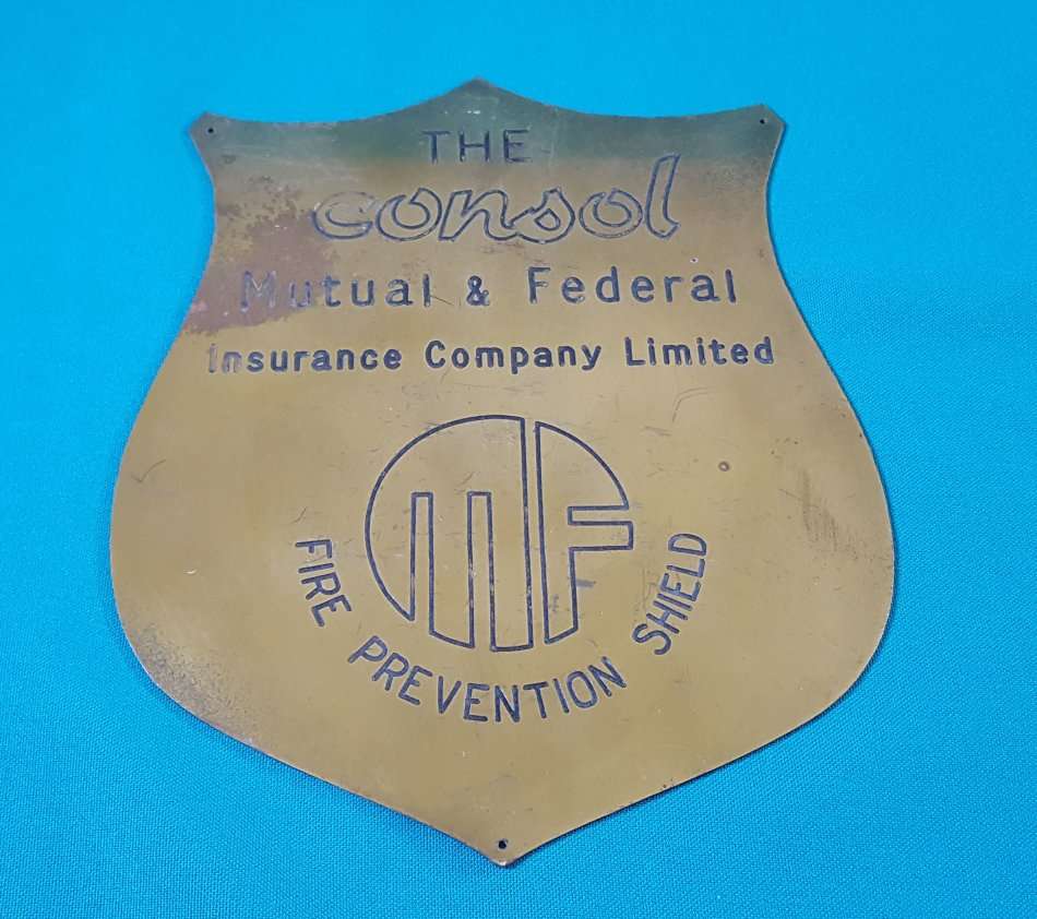 CONSOL MUTUAL & FEDERAL FIRE PREVENTION SHIELD BRASS PLAQUE