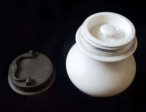 VINTAGE PORCELAIN  TOBACCO JAR WITH HEAVY PEWTER LID