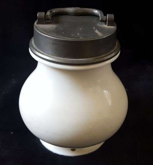 VINTAGE PORCELAIN  TOBACCO JAR WITH HEAVY PEWTER LID