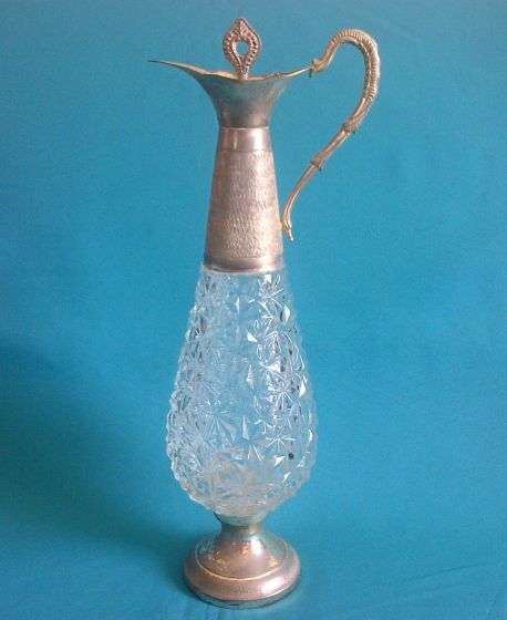 OLD HEAVY CUT GLASS & SILVER PLATED DECANTER/ CLARET JUG