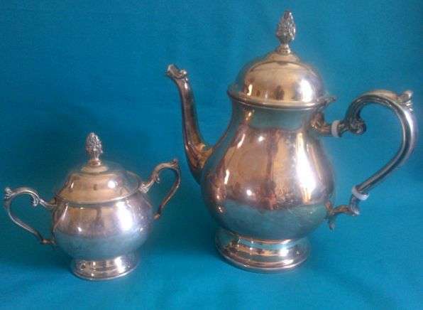 OLD SILVER PLATED (EMESS) TEA POT + SUGAR BOWL