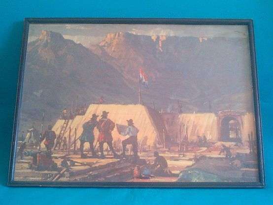 OLD PAINTING PRINT OF BUILDING PROCESS OF THE CASTLE IN CAPE TOWN