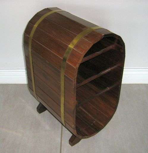 SUPERB WOODEN BARREL WINE RACK WITH BRASS STRIPS