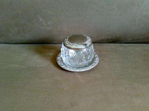 LOVELY GLASS & SILVER PLATED MUSTART POT WITH LID