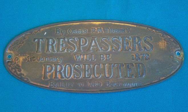 OLD COPPER "TRESPASSERS WILL BE PROSECUTED" PLAQUE, 1872
