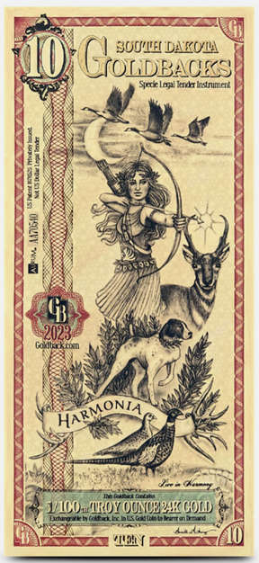 South Dakota 10 Goldback Note 1/100 oz 24k