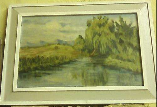 OIL ON BOARD. RIVER SCENE